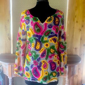 Sheer-sleeved boho blouse with embroidered paisley